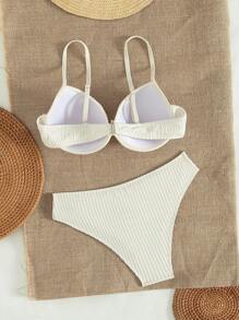 Swim Mod 2pcs/Set Women Spring Break Solid Color Gathered Texture Bowknot Strap Bikini Set, For Summer Beach - Beige - View 7