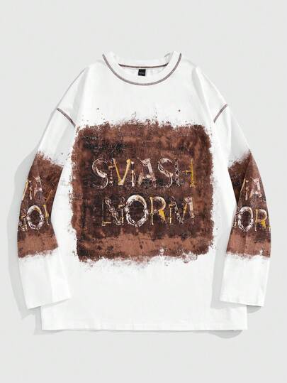 Grunge Punk تي شيرت كاجوال بطبعة كتلة ألوان رجالي كم طويل رجعي