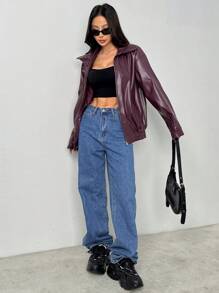 SHEIN ICON Drop Shoulder Zip Up Black PU Jacket - Rose Red - View 5