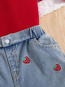 Tween Girls Open Shoulder Strap & Embroidered Strawberry Denim Shorts Set - Red - View 3