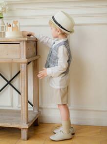 Souflis Souflis 3 件套年轻男孩日常绅士装：白色休闲衬衫、格子背心、松紧腰直筒短裤，春秋 - 彩色 - 查看 7