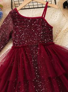 SHEIN Glamorique Kids Đầm công chúa lưới lấp lánh thanh lịch cho bé gái thời trang thường ngày - Màu Đỏ Sâu - Xem 8