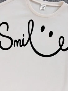 SHEIN Teen Girl Solid Color Ribbed Knit Round Neck Short Sleeve T-Shirt & Graphic Print Shorts Set, Casual Everyday Wear