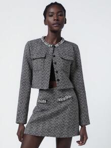 SHEIN Privé 优雅女士 2 件套：羊毛面料撞色装饰珍珠设计长袖夹克，带口袋 - 彩色 - 查看 2