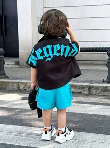 SHEIN 2pcs/Set Baby Boy Summer Casual Korean Style Cute Letter Pattern Short Sleeve Shirt Top And Elastic Waist Shorts Set - Multicolor - View 3