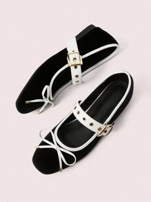 CUCCOO DOLLMOD Round Toe Suede Patchwork Metal Buckle Bow Ballet Flat Soft-Soled Loafers For Women Spring Shoes Spring Break Easter - Black and White - View 8