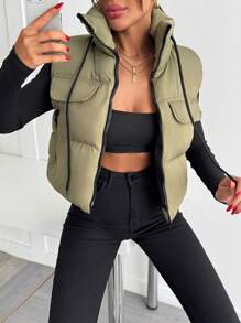 EURMUSE Zip Up Pocket Padded Vest With Pocket - Green - View 1