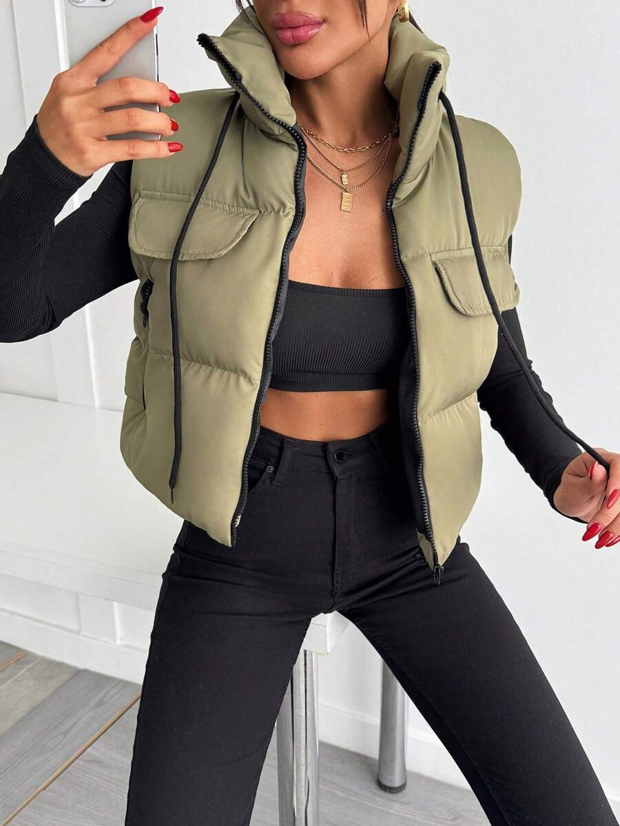 EURMUSE Zip Up Pocket Padded Vest With Pocket - Green - View 1