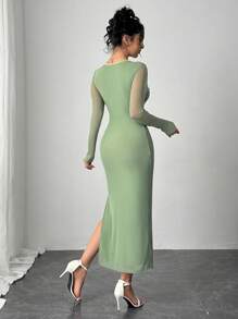 Firerie Đầm nữ cổ tròn tay dài màu trơn đính ngọc trai thanh lịch - màu xanh lá - Xem 2