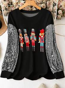 SHEIN LUNE Plus Size Spring Casual Sequin Patchwork Cartoon Print Sweatshirt Pullover Fall Sweatshirt