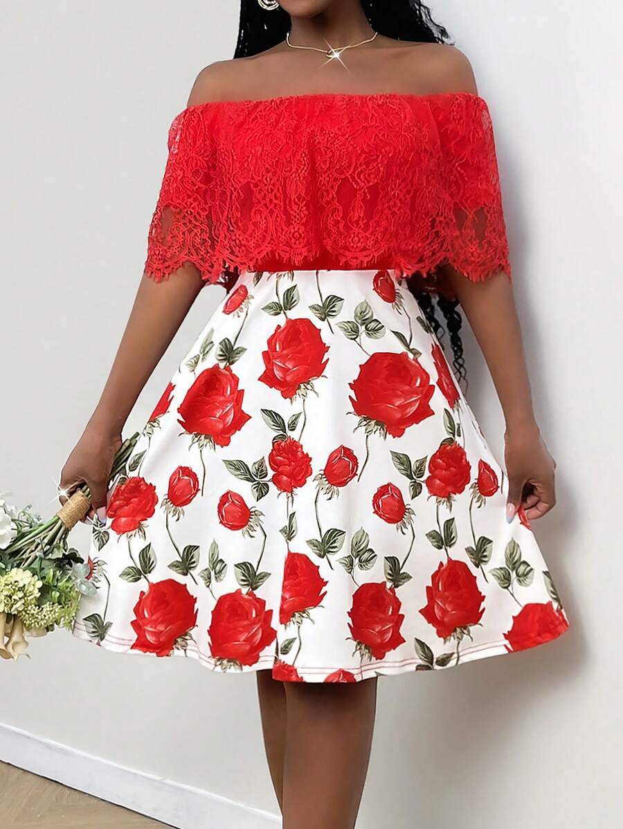 Lyxana Elegant Lace Print Dress, Valentine's Day - Red - View 1