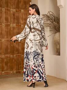 Al Najma Women Embroidered Patchwork Fringe Trim Long Sleeve Arabic Style Dress, Kaftan & Jalabiya - Multicolor - View 4