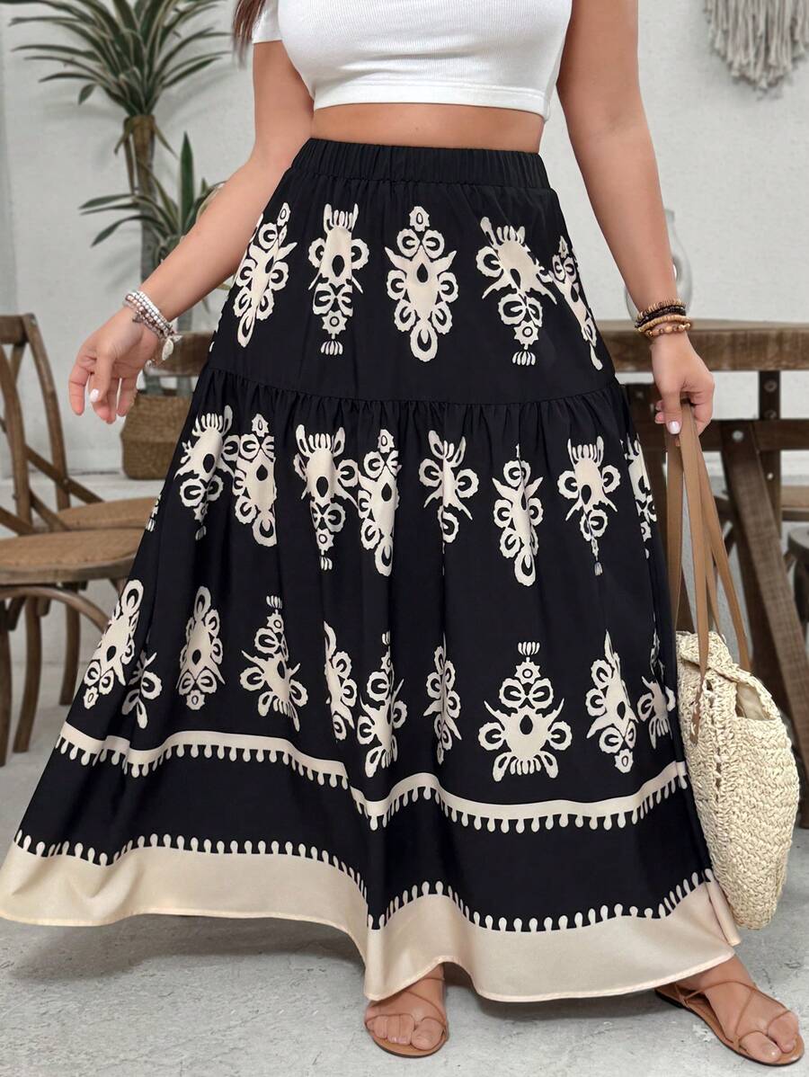 SHEIN VCAY 大码休闲假日复古印花半身裙