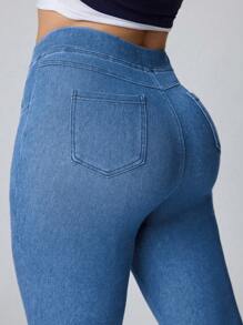 SHEIN Essnce Plus Size Solid Color Stretchy Knit Skinny Jeans, Simple And Fashionable For Casual Daily Wear - Light Wash - View 7