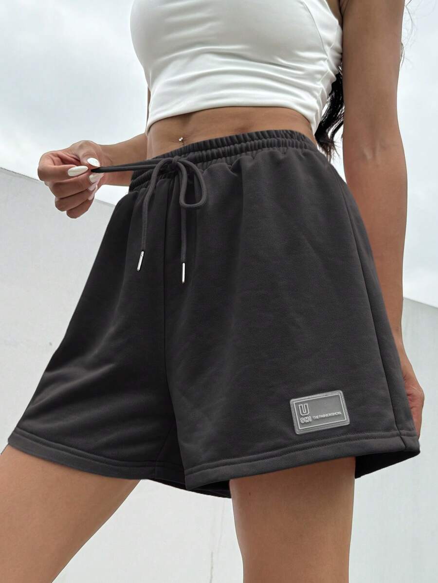 SHEIN EZwear Summer Loose Casual Pink Drawstring Waist Patch Detail Sports Shorts - Grey - View 1