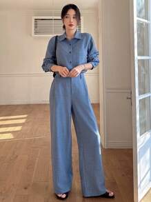 DAZY Women's 2 Pieces Set, Solid Color Loose Shirt & Wide Leg Pants,Fall Women Clothes Lounge Sets For Women - Blue - View 5