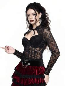 ROMWE Goth 深色情人节蝴蝶结透明渔网蕾丝上衣 - 黑色 - 查看 4