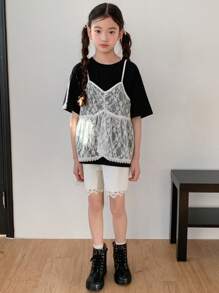 DAZY 2pcs/Set Tween Girl Solid Color Lace Camisole & Short Sleeve Top - Black and White - View 9