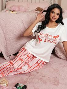 女士字母、蝴蝶结和条纹印花睡衣套装，适合情人节 - 白色 - 查看 1