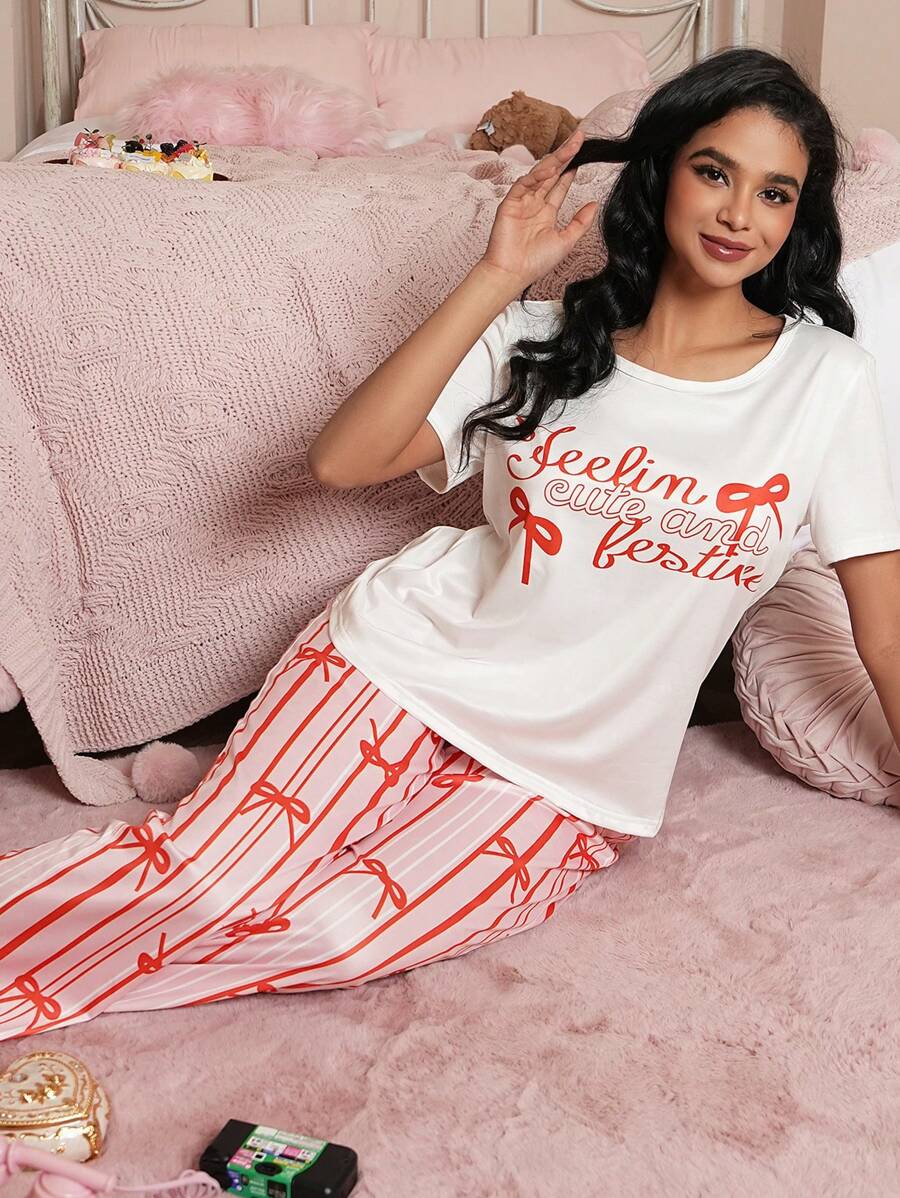 女士字母、蝴蝶结和条纹印花睡衣套装，适合情人节 - 白色 - 查看 1