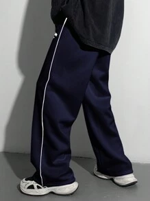 SHEIN Leap Crew Teen Boys' Loose Straight Leg Pants With Contrast Black Trim, Versatile Casual Trousers Suitable For Autumn, Winter, School, Home, Daily Wear, Sports, Birthday Party, Outings - Minimalist Style With Thermal Lined, Retro - Navy Blue - View 2