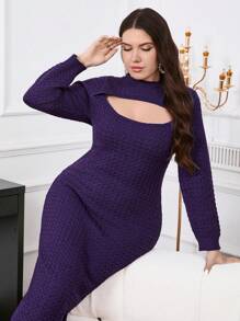 Modelyn Vestido de suéter de punto minimalista de manga larga y cuello redondo, con ajuste ceñido en talla grande de unicolor - Morado - Ver 6