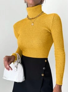 EURMUSE High Neck Ribbed Knit Slim Fit Sweater - Mustard Yellow - View 1