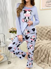 Cute Cartoon Cow Print Women Pajama Set, Fall Winter Clothes - Multicolor - View 5