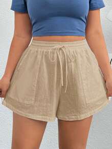 SHEIN EZwear 大码女式梭织运动休闲短裤 夏季女式休闲短裤 - 杏色 - 查看 1