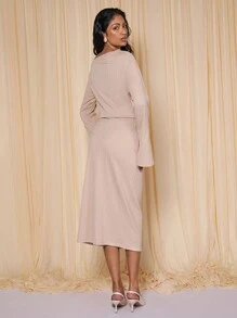 COSMINA Váy dài tay cổ lệch màu kem thanh lịch dành cho nữ, Xuân/Hè - Kem - Xem 2