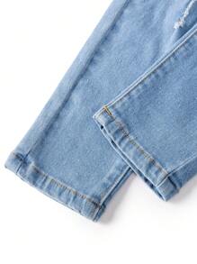 SHEIN Jeans de mezclilla negros y blancos para niños preadolescentes con efecto desgastado, rasgado y asimétrico, de tiro medio y silueta ajustada, para ropa de otoño de niños preadolescentes