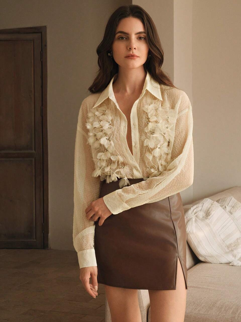 Anewsta Elegant Floral Petal See-Through Solid Color Collared Blouse, Suitable For New Year, Valentine's Day, Vacation, Summer Beach
