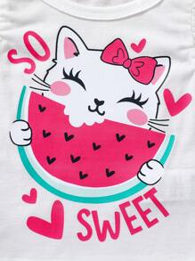SHEIN Bộ 2 món/bộ cho bé gái sơ sinh và trẻ mới biết đi 0-3 tuổi mùa xuân hè mới dễ thương hàng ngày mèo hoạt hình ăn dưa hấu áo phông không tay + quần short trái tim màu đỏ hồng - Màu Hồng Tươi - Xem 3