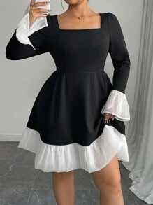 SHEIN Clasi Plus Size Solid Color Block Square Neck Long Sleeve Casual Black And White Mini Dress - Black - View 4