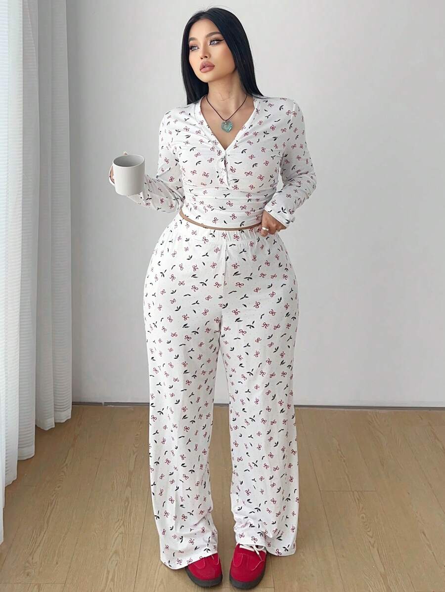 Flirla Bộ đồ ngủ dài tay in họa tiết dễ thương 2 món - trắng - Xem 1