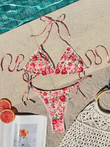 SHEIN VCAY Women's Halter Neck Backless Printed Tie-Up Bikini Top For Summer Beach Vacation - Pink - View 5