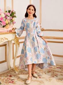 SHEIN Asymmetrisches Langarmkleid mit Blumen Muster für Tween-Mädchen, Rosa und Blau, modisch geeignet für Partys, Versammlungen, Ramadan, Frühling und Sommer