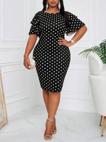 Fleurora Plus Size Black & White Geometric Polka Dot Print Layered Ruffle Sleeve Round Neck Basic Fitted Slim Dress - Black and White - View 7
