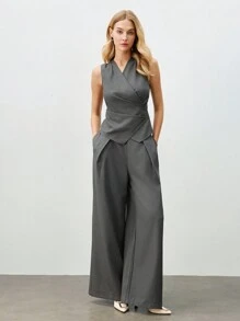 BizChic Women's Solid Color Sleeveless Blazer Suit Set With Pants