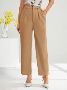SHEIN Clasi Women's Solid Color Pocket Pleated Simple Casual Suit Pants In Fall/Winter - Camel - View 3