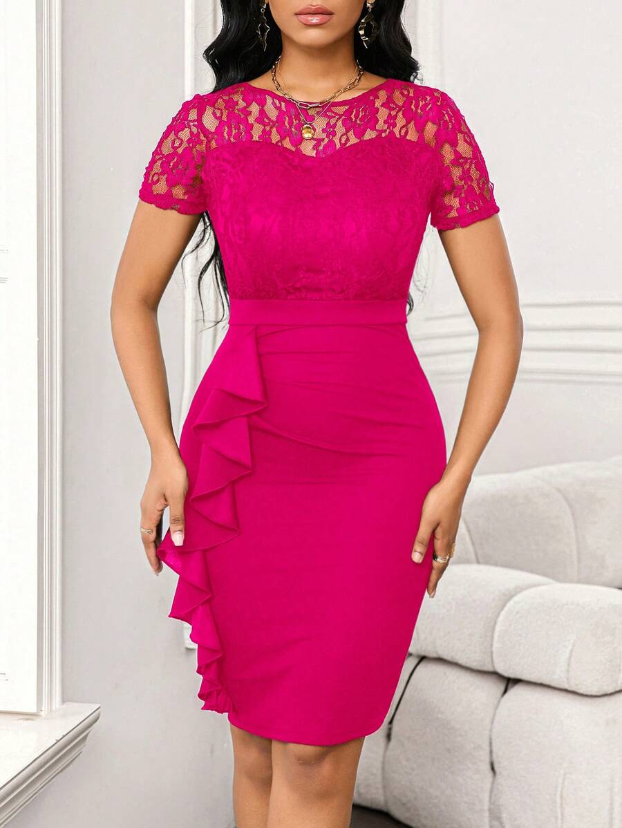 SHEIN Lady Wedding Guest Dress Lace Splicing Ruffled Women's Hip Skirt Work Party Women's Dress - Hot Pink - View 1