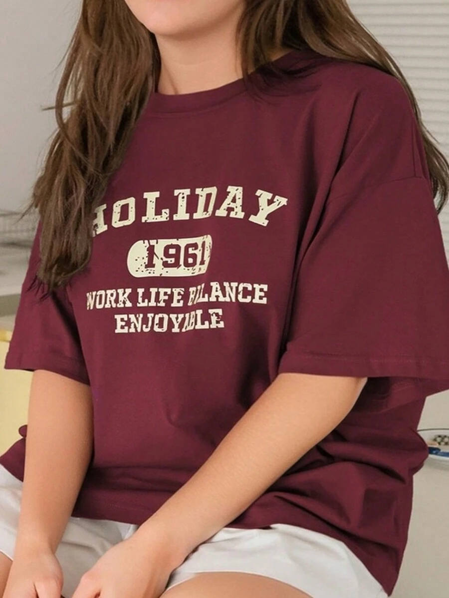 Dazy Plus Christmas Plus Size Loose Fit Round Neck Short Sleeve T-Shirt With Letter Print, Chinese New Year, Spring/Summer Oversized T-Shirt,Graphic Tees - Burgundy - View 1