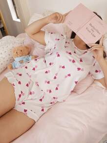 SHEIN Plus Size Heart Print Short Sleeve Shorts Pajama Set - Multicolor - View 6