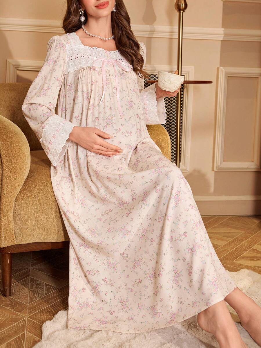 Moonlight&Mama Váy ngủ bà bầu cổ vuông họa tiết hoa nhỏ xinh xắn phong cách cung điện cổ điển, dáng babydoll sang trọng, mặc nhà, thu đông - Nhiều màu - Xem 1