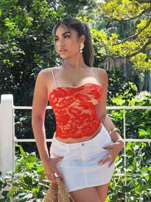 SHEIN SXY 女式花卉蕾丝荷叶边短款修身吊带背心、女士度假装、女士夏季装、女士海滩装、女士性感巡航装、女士春季装、海滩度假、红色上衣 - 紅色 - 查看 3