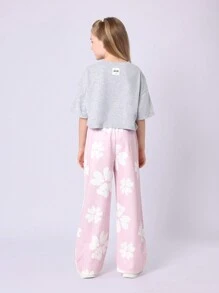 SUMWON Conjunto coordenado para adolescentes, camiseta curta grande, perna larga, calça palazzo floral, roupa de dormir casual de duas peças, primavera-verão, traje de resort para férias