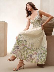 Anewsta Elegantes Maxikleid mit Jacquard Blume Muster, geeignet für Neujahr, Valentinstag, Urlaub, Sommerdates, Frühlings-/Sommeroutfits für Frauen