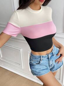 SHEIN EZwear Casual Multi-Color Patchwork Short Sleeve Slim Crop T-Shirt