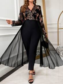 SHEIN Clasi Plus Size Women's Sequin Black Elegant Jumpsuit, Spring/Summer ,Vacation Outfits Woman,Going Out Outfits,Valentine's Day,Rompers For Women,Jumpsuit Women Elegant