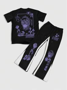 ROMWE MEN Anime Men's T-Shirt Set: Short Sleeve Top And Pants, Minimalist Fashion Casual Everyday Wear - Multicolor - View 1